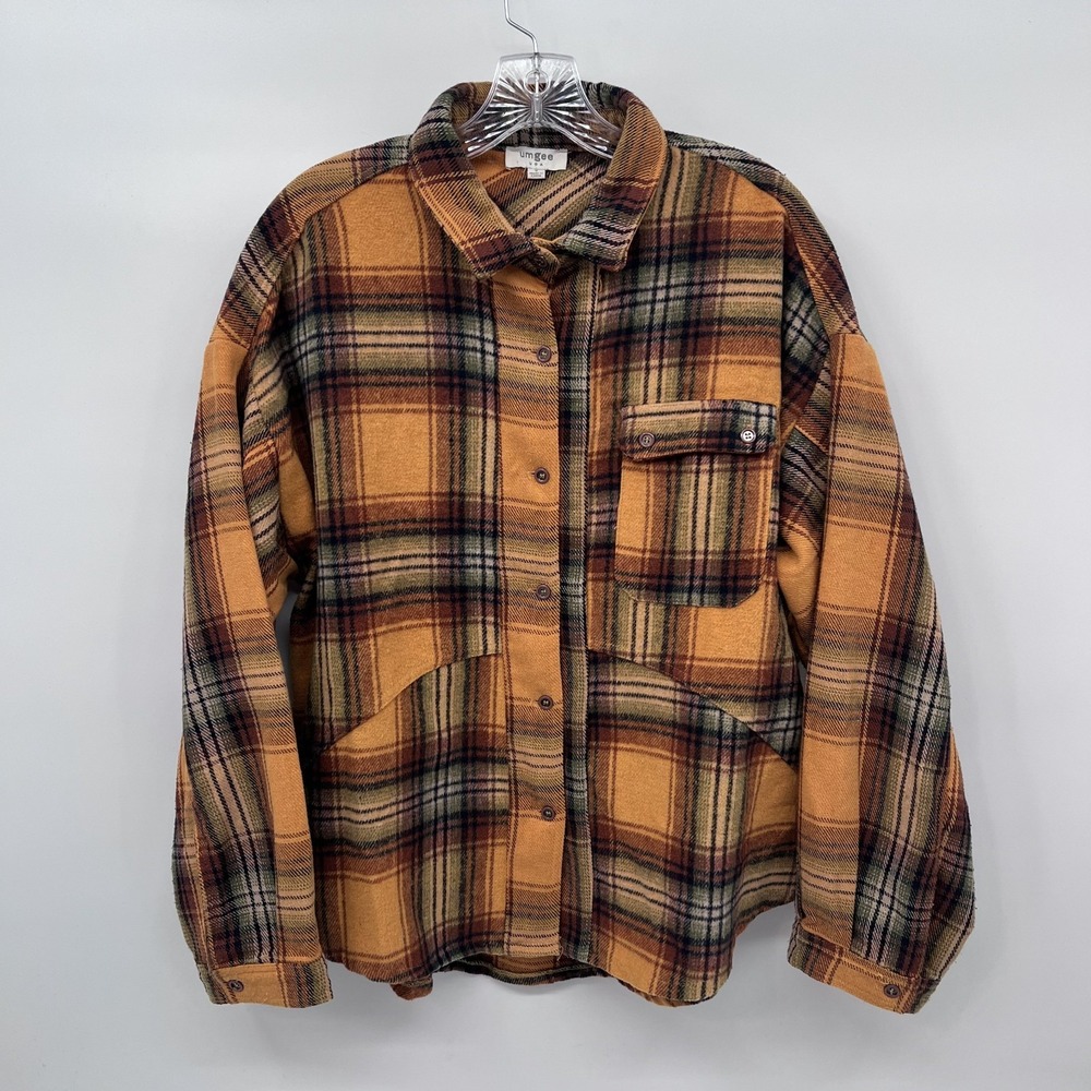 UMGEE Women's Sz S Yellow Plaid Long-Sleeve Button-Up Waist-Length Shacket Shirt